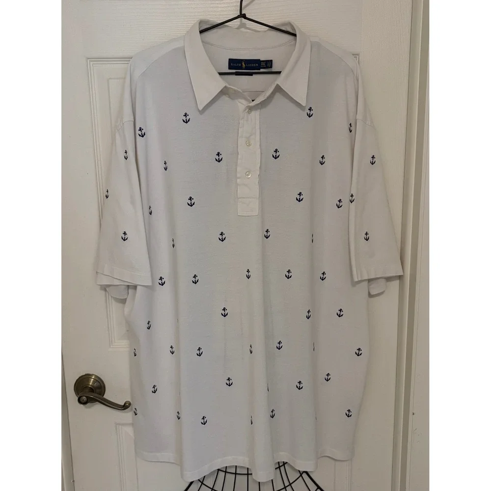 Ralph Lauren Men's 4XLT White Navy Anchor Print Knit Oxford Polo Shirt